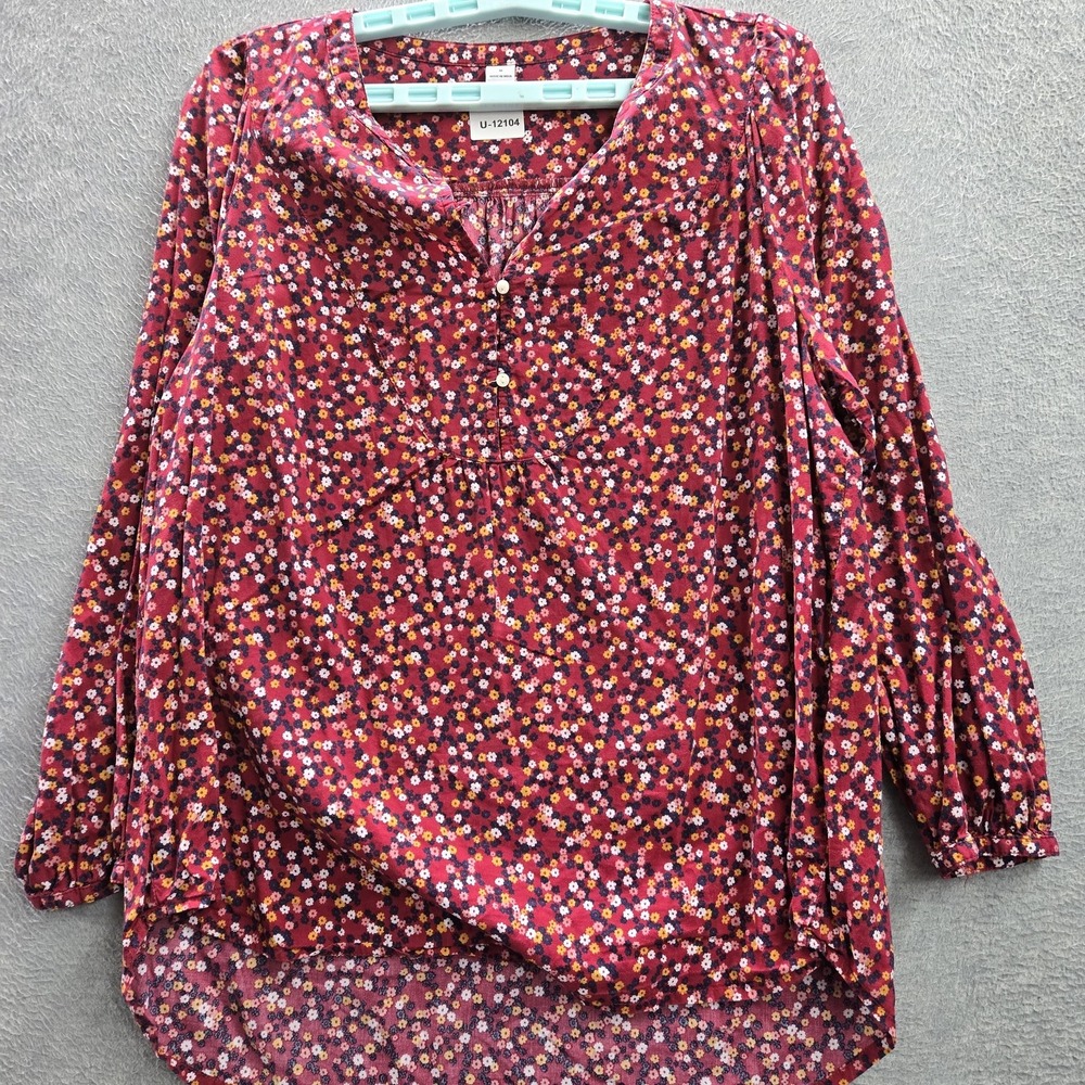 Old Navy Women Blouse M Red Floral Peasant Button Ruched V-Neck